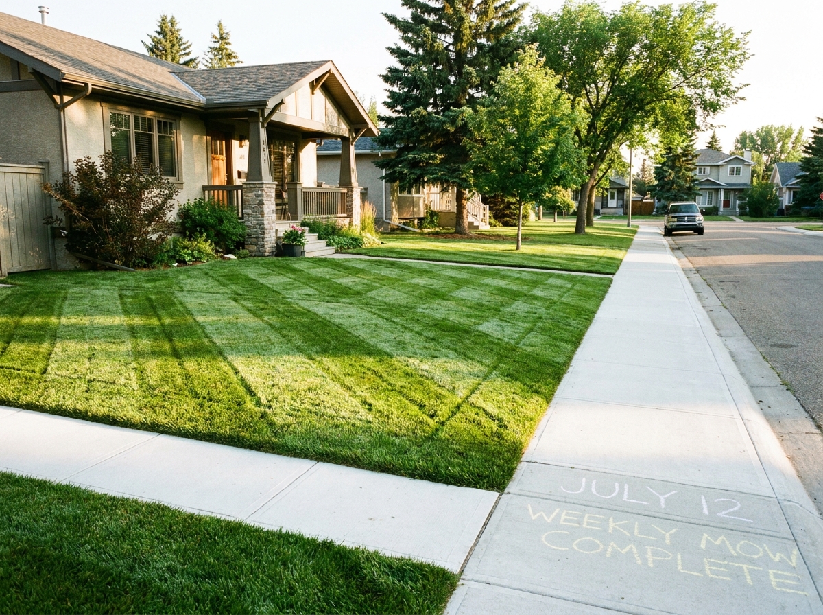 A freshly mowed residential lawn in a Spruce Grove acreage, sharp stripes, summer evening light, completed weekly mow, rural property setting